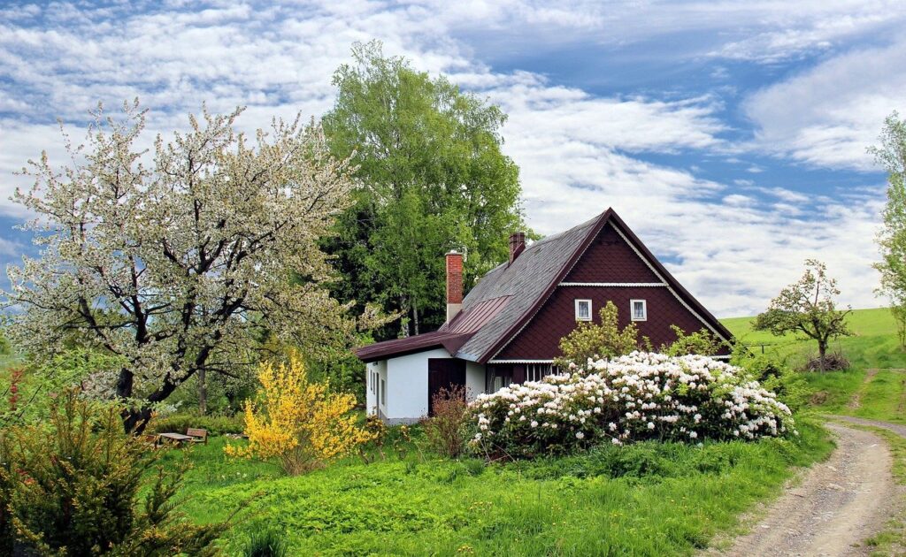 cottage, trees, path